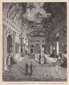 Foajeen i Det nye teatret i Genève, Grand Foyer du Theatre a Geneve (gravering) av Swiss School