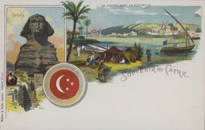 Egyptiske scener: Kairo og dets citadell, og sfinxen (chromolitho) av Swiss School