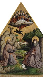 The Miraculous Feeding of Saint Anthony and Saint Paul the Eremitt (blandet media på tre) av Swiss School