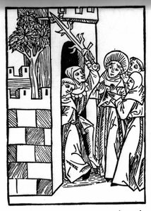Legenden om Saint Brendan (Brandan), helter og irsk helgen fra det 6. århundre. En av munkene er fengslet. Gravering av “” Die Wunderbare Meerfahrt des Hl. Brandan." Bale av Swiss School
