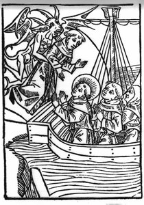 Legenden om Saint Brendan (Brandan), helter og irsk helgen fra det 6. århundre. Den hellige Brandans bønn redder den syndige munken. Gravering av “” Die Wunderbare Meerfahrt des Hl. Brandan." Bale av Swiss School