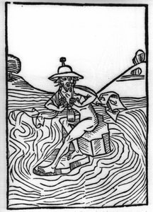 Legenden om Saint Brendan (Brandan), helter og irsk helgen fra 600-tallet: Møtet med Judas som lider av mange plager. Gravering av “” Die Wunderbare Meerfahrt des Hl. Brandan." Bale av Swiss School