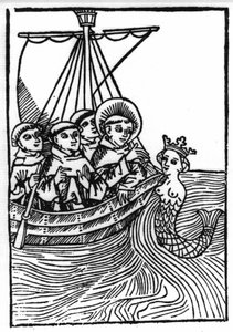 Legenden om Saint Brendan (Brandan), helter og irsk helgen fra det 6. århundre. St. Brendans møte med Sirene. Gravering av “” Die Wunderbare Meerfahrt des Hl. Brandan." Bale av Swiss School