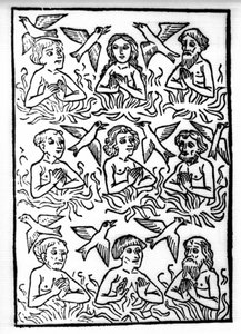 Legenden om Saint Brendan (Brandan), helter og irsk helgen fra 600-tallet: Skjærsildens branner og ildfuglene. Gravering av “” Die Wunderbare Meerfahrt des Hl. Brandan." Bale av Swiss School