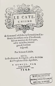 Tittelsiden til John Calvins katekisme, utgitt i Genève, 1549 av Swiss School