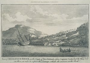 Kaptein Cook etter å ha blitt forlist på sin reise jorden rundt, har Endeavour reparert i en havn på en av Hope-øyene, ca. 1786 (gravering)
