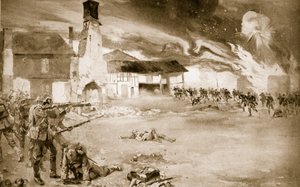 Franskmenn beseiret den tyske keisergarden i en landsby som skiftet hender fire ganger, 1914-19 av Sydney Adamson