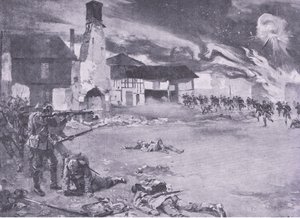 Gatekamper på den fransk-tyske grensen: Et fransk angrep på den prøyssiske garde, fra History of the Great War Vol 3 utgitt av Waverley Book Co Limited, ca. 1920 av Sydney Adamson