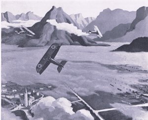 Britiske speidere som forlater flyplassen sin på patrulje over Asiago Plateau, Italia, fra British Adventure utgitt av Collins, 1947 av Sydney Carline