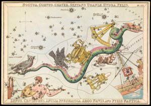 Noctua, Corvus, Crater, Sextans Uraniae, Hydra, Felis, Lupus, Centaurus, Antilia Pnuematica, Argo Navis og Pysix Nautica, ca. 1825 (kort, papir, vev) av Sydney Hall