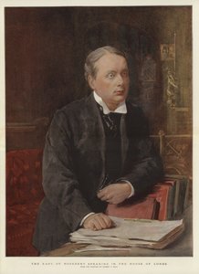 Jarlen av Rosebery taler i House of Lords (farge litho)