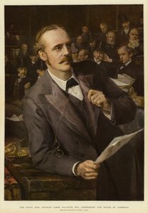 Høyre ærede Arthur James Balfour, MP, henvender seg til Underhuset (farge litho)