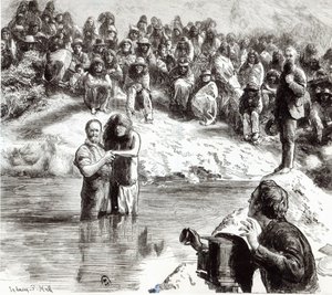 En dåp av nordamerikanske indianere - Mormoner poserer som Kristi apostler, 1892 av Sydney Prior Hall