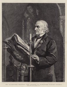 Mr Gladstone leser leksjonene i Hawarden Parish Church