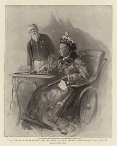 Dronningen telegraferer budskapet sitt til folket sitt i hele imperiet av Sydney Prior Hall