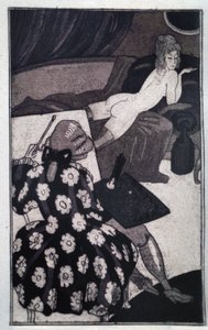 Erotikk: Giacomo Casanova (1725-1798) skildrer sin langstrakte elskerinne smått naken på en sofa (etsing)