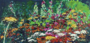 Sprudlende blomsterbed, 2021 (olje på lerret) av Sylvia Paul