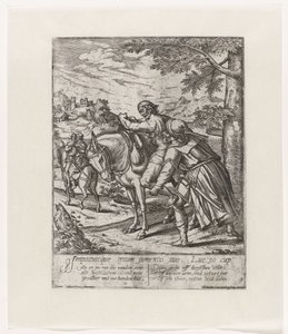 Den barmhjertige samaritan hjelper den skadde mannen på eselet sitt Lignelse om den barmhjertige samaritan (serietittel) av Symon Novelanus