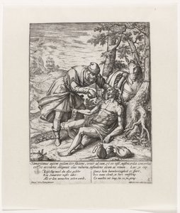Den barmhjertige samaritan pleier sårene til den ranede reisende Lignelse om den barmhjertige samaritan (serietittel) av Symon Novelanus