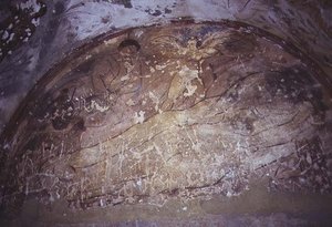 Fresco som viser en engel over to skikkelser som ligger på bakken, fra Apodyterium, tidlig på 800-tallet (fresco) av Syrian School