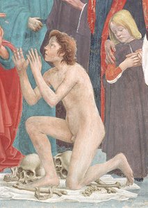 Detalj av det oppstandne barnet, fra oppdragelsen av sønnen til Theophilus, og St. Peter tronet som første biskop av Antiokia, ca. 1427 og ca. 1484-85 (detalj av 63302)