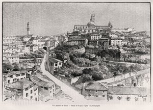 Generell utsikt over Siena (Italia). Gravering av Taylor for å illustrere historien "" A travers la Tuscane"" av Eugene Muntz (1845-1902), i Le tour du Monde 1892, regissert av Edouard Charton (1807-1891), Hachette, Paris. av T Taylor