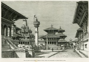 Stedet for det kongelige palasset i Patan (nåværende Lalitpur). Gravering av Taylor for å illustrere historien Voyage au Nepal, av Dr. Gustave Le Bon (1841-1931), i le tour du monde 1886, regissert av Edouard Charton (1807-1890), Hachette, Paris.