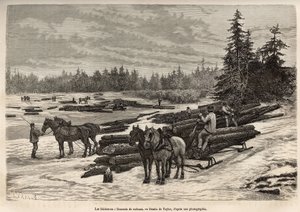 Nedstigningen av flåtene i Ontario, loggerne losser de kuttede stammene og installerer dem på den frostige elven, og under degelen vil stammene bli båret av strømmen til stedet der de vil bli tømt og transformert, gravering etter uavgjort av T Taylor