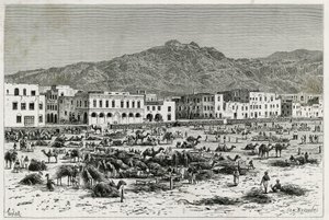 Marsjen til Aden (Jemen). Taylors gravering, for å illustrere historien "" Journey to the Benadir, Somali and Bayoun "", i 1882-1883, av M.G.Revoil. Publisert i Le Tour du monde, nouveau journal des voyages