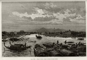 Utsikt over Hue (Vietnam), med beskrivelse av navigering på Song Huong-elven og Thien Mu-pagoden, bak omkretsmurene. Gravering av Taylor, for å illustrere historien "" Trente mois au Tonkin"" av Dr. Charles Edouard Hocquard (1853-1911), i 1885, i