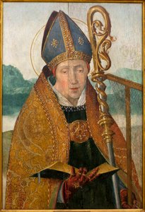 Saint Blaise - Maleri fra verkstedet til bror Carlos (flamsk maler aktiv mellom 1517 og 1544), olje på tre, cirka 1530 (St Blaise, av verkstedet til Friar Carlos (aktiv mellom 1517-1544), olje på panel, cirka 1530 ) - Musee d