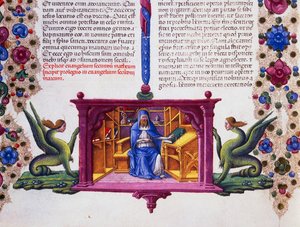 Grensefrise ved foten av siden med St. Matteus evangelisten, bind II f 148, v, Bibelen til Borso d'Este, Taddeo Crivelli (1425-1479) og assistenter, latinsk manuskript av Taddeo Crivelli