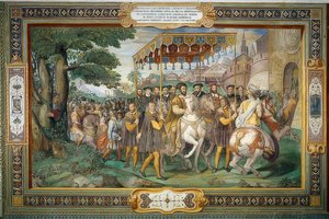 Kong Frans I mottar Karl V og kardinal Alessandro Farnese i Paris i 1540. 1559