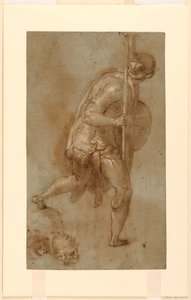 Soldier Running: Studie for figur i venstre forgrunn, "Betrayal of Christ," Roma, S. Maria della Consolazione, Matttei Chapel; Separate studier av to hoder av Taddeo Zuccaro