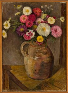 Asters og zinniaer i en leirkrukke av Tadeusz Makowski