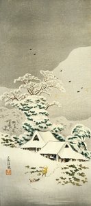Scene i snø i Sawatari i Joshu-distriktet, rundt 1930, av Takahashi Shotei (1871-1945), o-tanzaku-formet tresnitt, 38,1 x 17,1 cm, japansk sivilisasjon, Meiji-Showa-perioden av Takahashi Shotei