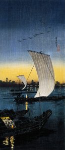 Sekiyado kveldsutsikt, ca. 1930 (O-tanzaku tresnitt)