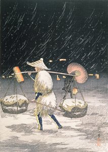 Night Snow, ca. 1930-tallet (treblokktrykk i farger) av Takahashi Hiroaki