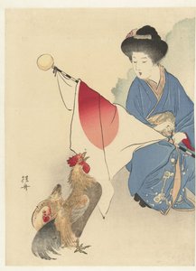 Kvinne med japansk flagg og en hane av Takeuchi Keishū