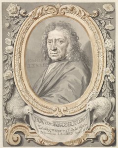 Portrett av Johannes (Jan) van Bronkhorst i en ramme med blomster og to fugler av Tako Hajo Jelgersma