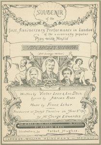 Tittelside av Souvenir fra den første jubileumsforestillingen i London av The Merry Widow (farge litho) av Talbot Hughes