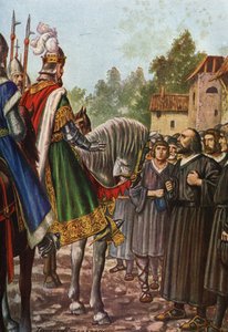 Keiser Frederic I Barberossa (1122-1190) på sin andre tur til Italia i 1158 passerer elven Adda og møter folket i Lodi som ber ham om å få territoriet tilbake. Tancredi Scarpelli (1866-1937) fra «Storia d