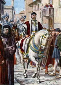 Portrett av Cosimo (Come) I av Toscana (Cosimo de Medici) (1519-1574), sirkulert gjennom gatene i Firenze, omringet medlemmer av hans milits sammensatt av spanske og tyske soldater (Portrett av Cosimo I de Medici, storhertug av Toscana , beskyttet av Tancredi Scarpelli