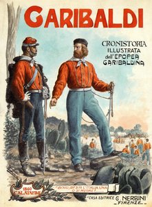 Portrett av Giuseppe Garibaldi (1807–1882), helten for italiensk enhet (Risorgimento). Omslag til «Garibaldi, illustrert historie om det garibaldianske eposet». 1930–1934. (trykk_ av Tancredi Scarpelli
