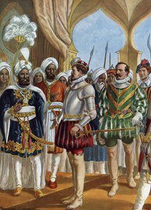 Den portugisiske navigatøren Pedro Alvares Cabral (1460-1526) ved hoffet til kongen (Zamorin) av Calicut (Kozhikode) 13.09.1500 for å forhandle om etableringen av en skranke, India (den portugisiske navigatøren Pedro Alvares Cabral forhandlet med Zamorin)  av Tancredi Scarpelli