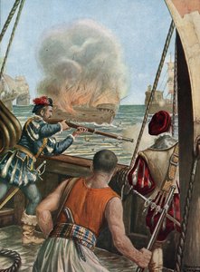 Andre ekspedisjon til India (1502-1503) "" Sjøslag mellom den portugisiske flåten Vasco de Gama og den fra Calicut, portugiserne skyter det muslimske skipet Miri anklager peleriner som returnerer fra Mekka, 3/10/1502"" (andre seilas av  av Tancredi Scarpelli