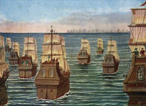 Slaget ved Cannanor fant sted i mars 1506 utenfor havnen i Cannanore i India, mellom den indiske flåten til Samorin fra Calicut og en portugisisk flåte under Lourenco de Almeida, sønn av visekongen Almeida) Illustrasjon av Tancredi Scarpelli i "" av Tancredi Scarpelli