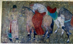 Kinesisk kunst: "" to palefreniers kjører fire hester i en imperialistisk stall""" Detalj av et fragment av en silkemalerulle tilskrevet Han Kan, maler av hoffet til keiser Hiuan tsong (712-756). Tang periode. Dim. 50x141 cm Paris musee Cernuschi av Tang Dynasty Chinese School
