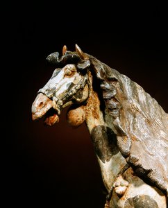 Detalj av en hest, sent 7. - tidlig 8. århundre (keramikk med spor av pigment og forgylt) av Tang Dynasty Chinese School