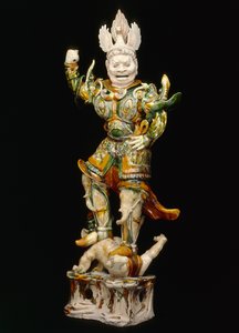 Lokapala (Heavenly Guardian), tidlig på 800-tallet (keramikk med tre farger (sancai) blyglasurer)
